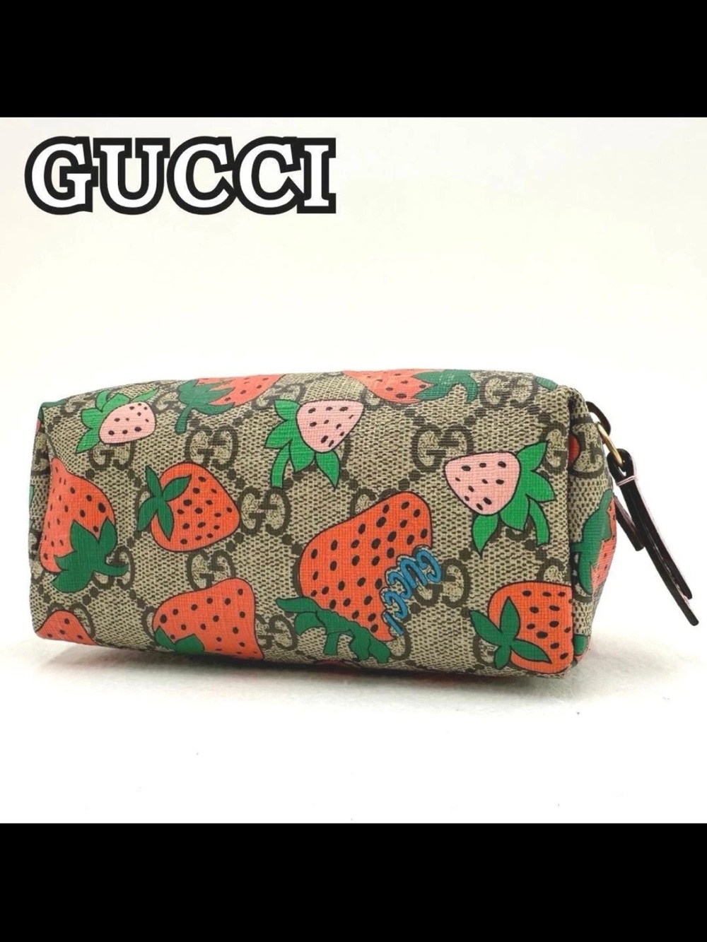 Gucci Brown GG Strawberry Print Cosmetic Pouch with Pink & Green Accents